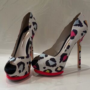 SOPHIA WEBSTER White & Multicolor Leopard Print Platform Peep-Toe Heels